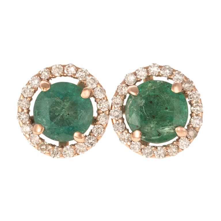 14k rose gold emerald and diamond stud earrings