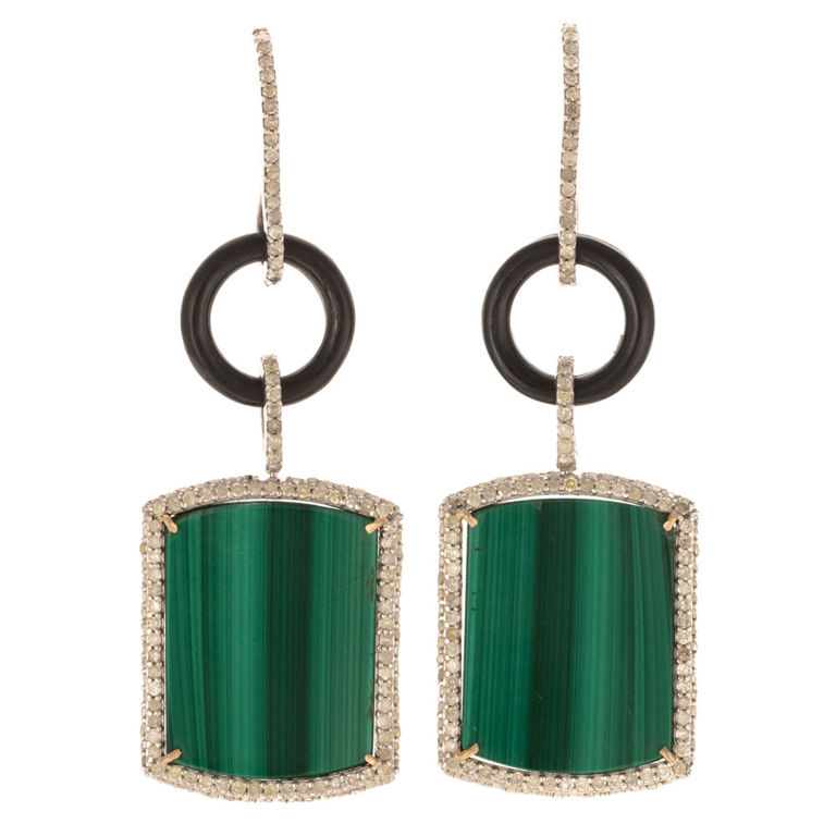 Sterling silver and 14k yellow gold malachite and onyx dangle earrings
