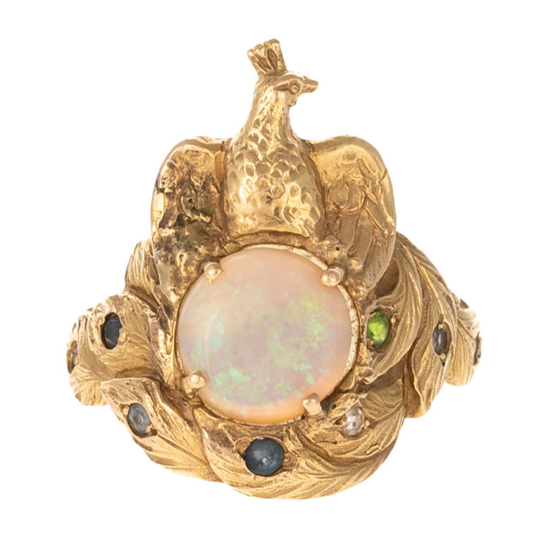 14k yellow gold opal, gemstone and diamond ring