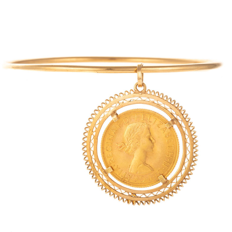 900 gold coin charm on 18k yellow gold bangle