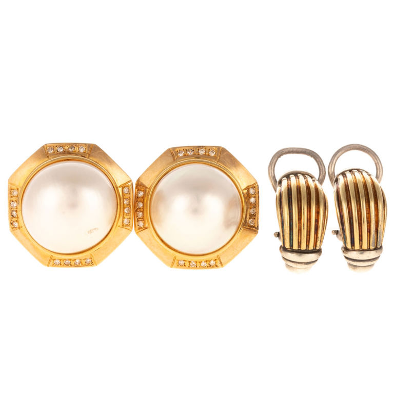 Two pairs of 14k and 18k gold earrings