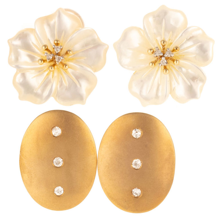 Two pairs of 14k yellow gold diamond earrings