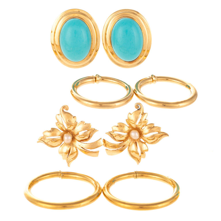 Four pairs of gold turquoise and pearl earrings