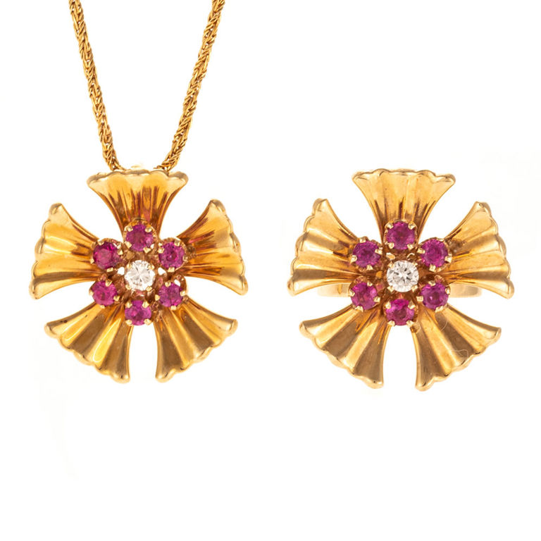 Necklace with diamond and ruby pendant and matching ring in 18k and 14k gold