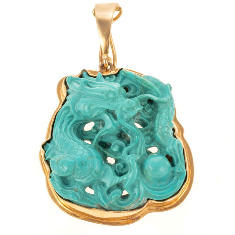 14k yellow gold turquoise dragon pendant
