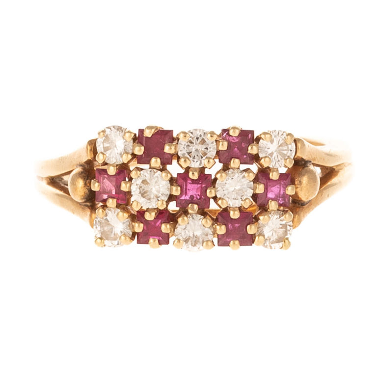 14k yellow gold diamond and ruby checkerboard ring