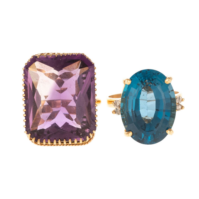 Two 18k and 14k gold gemstone statement rings