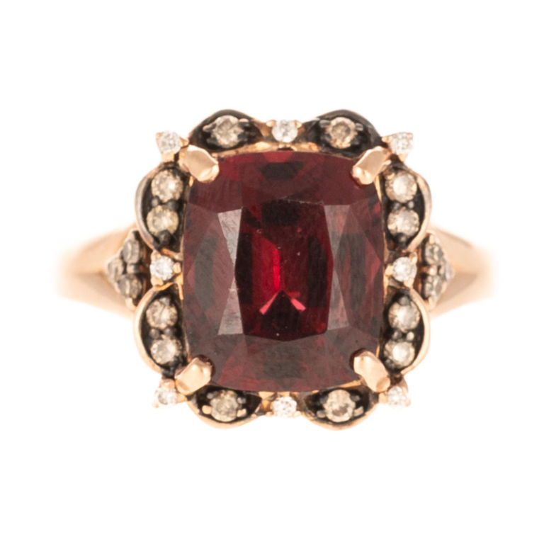 14k pink gold synthetic garnet and diamond ring
