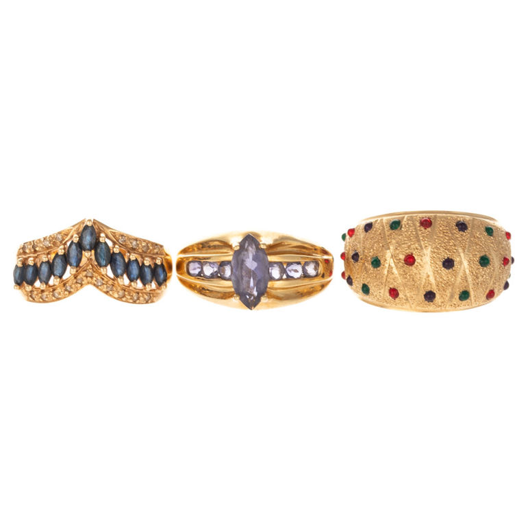 Three 14k yellow gold gemstone and diamond rings