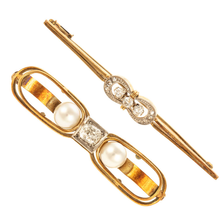 Two 14k yellow gold diamond bar brooches