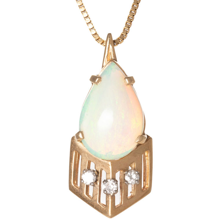 14k yellow gold opal and diamond pendant on necklace