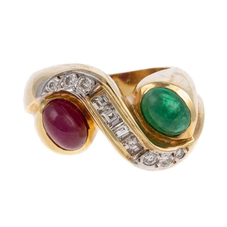 14k yellow gold ruby, emerald and diamond ring