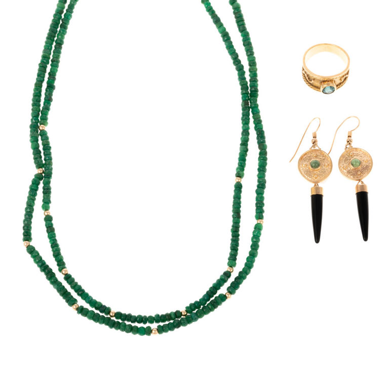 14k yellow gold ring tourmaline ring, earrings and bead necklace