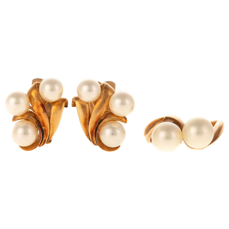 14k yellow gold pearl bypass ring and matching earrings