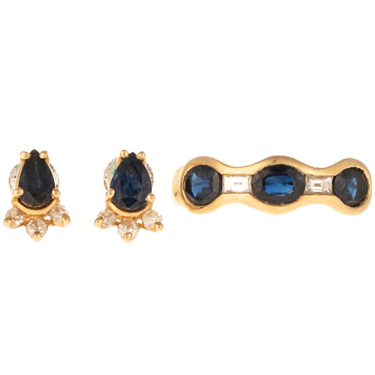 14k yellow gold sapphire and diamond ring and stud earrings