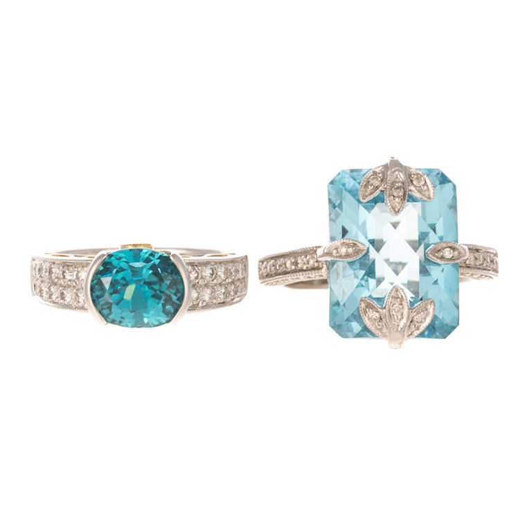 Two 18k and 14k gold zircon, topaz and diamond rings