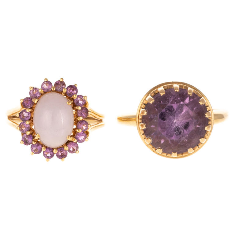 Two 14k yellow gold jade and amethyst rings