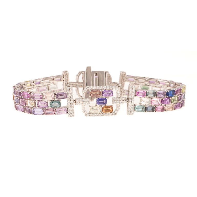 Platinum multi-colored sapphire and diamond bracelet
