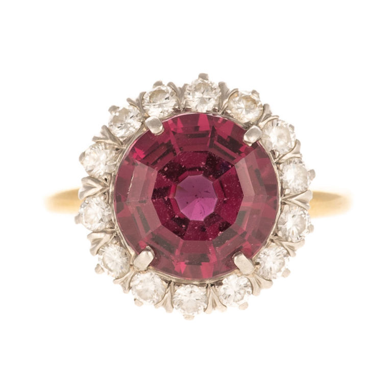 14k yellow gold rhodolite garnet and diamond halo ring
