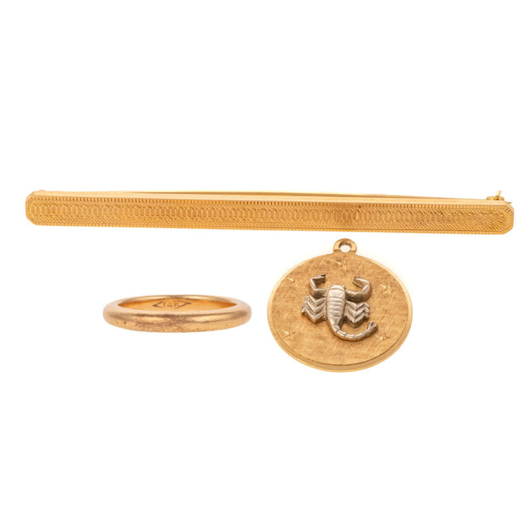 14k yellow gold bar brooch, band and charm pendant