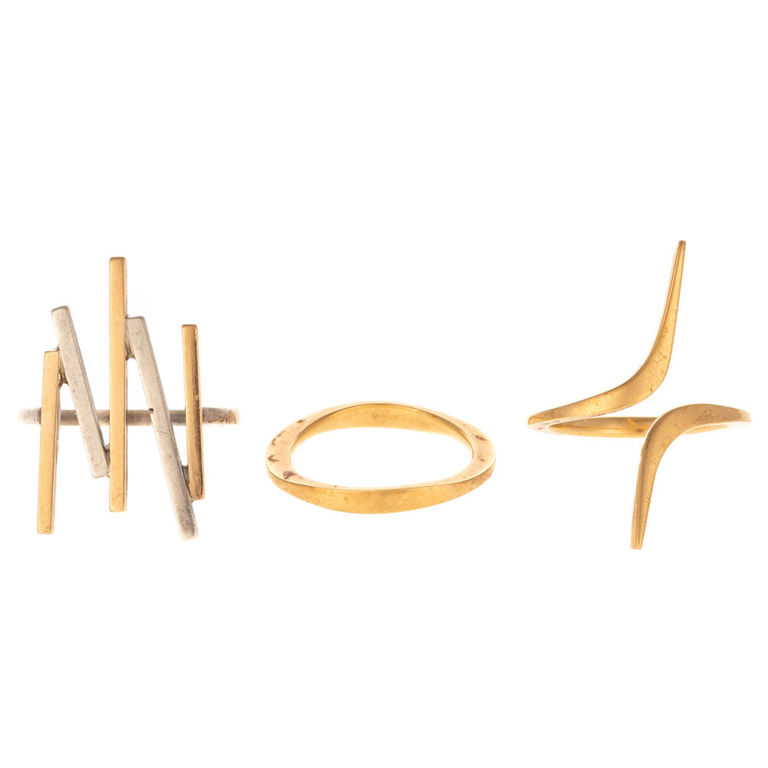 Three 14k yellow gold and sterling silver rings