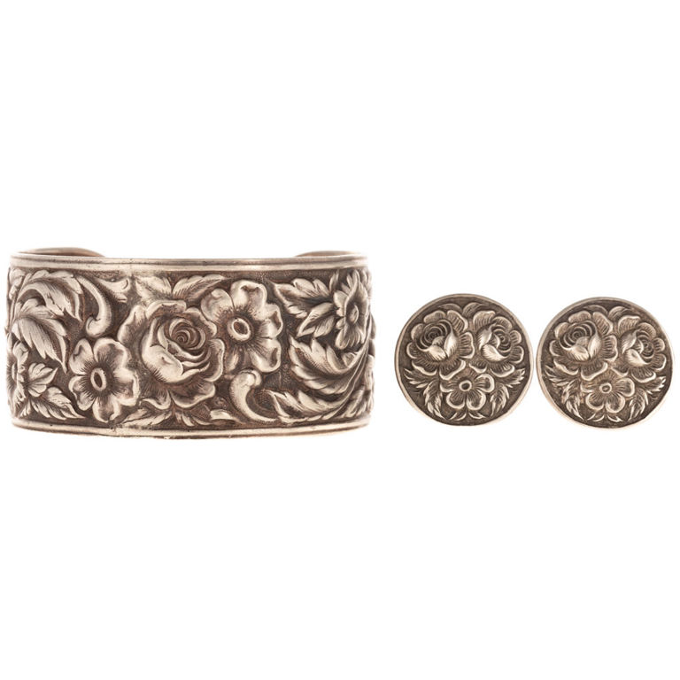 Sterling silver cuff bracelet and earrings
