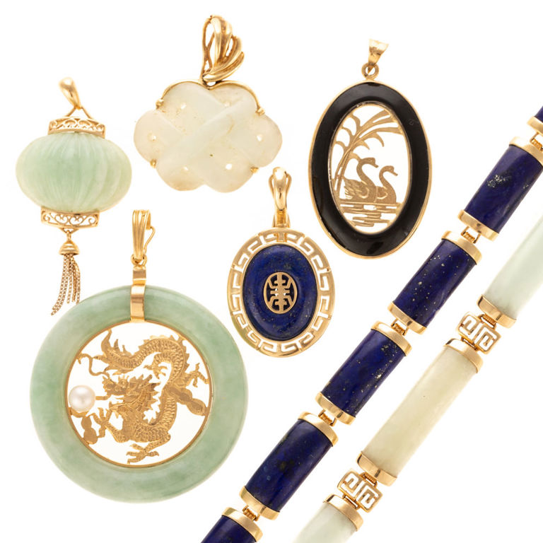 Collection of 14k yellow gold jade and lapis lazuli jewelry
