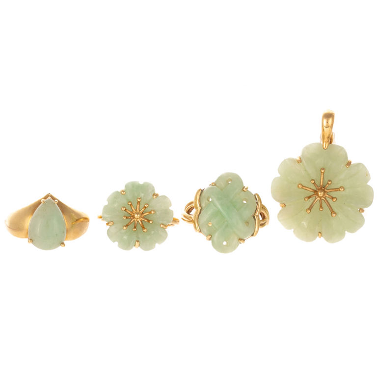 Collection of 14k yellow gold carved jade jewelry