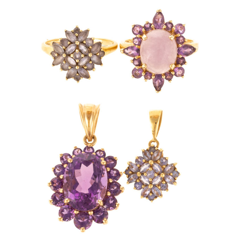 14k yellow gold amethyst, tanzanite and jade jewelry