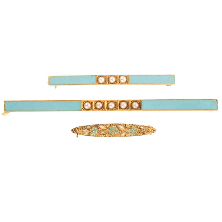 Three 14k yellow gold, enamel and seed pearl brooches
