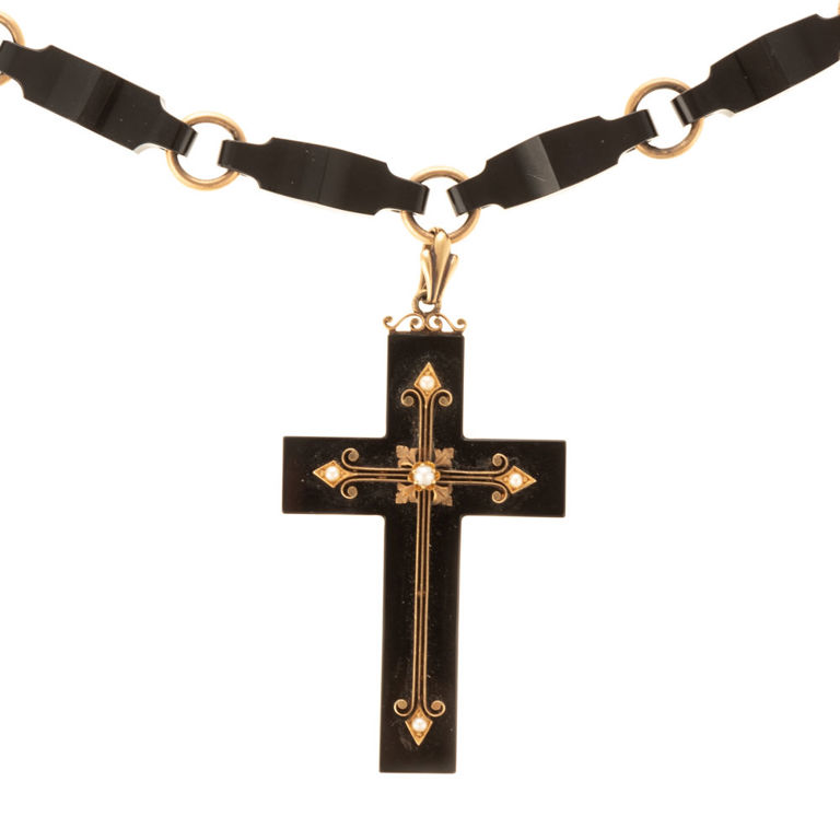 14k rose gold onyx cross pendant on necklace