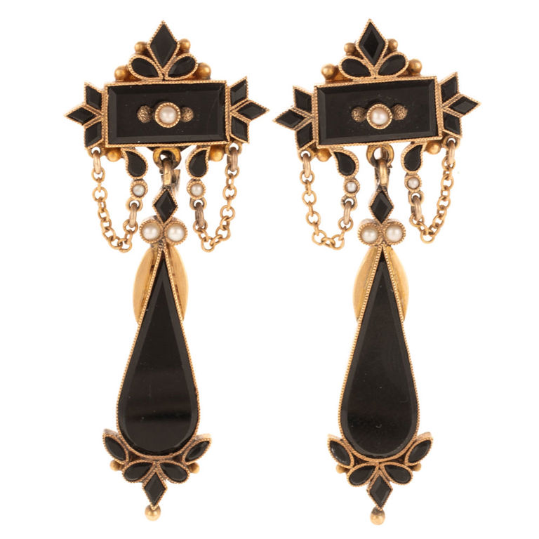 10k yellow gold onyx and seed pearl mourning earrings
