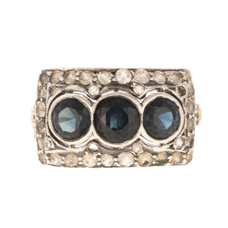 14k white and yellow gold sapphire and synthetic spinel ring