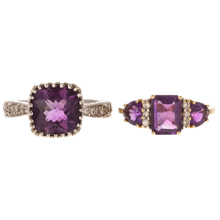 Two 14k gold amethyst and diamond rings