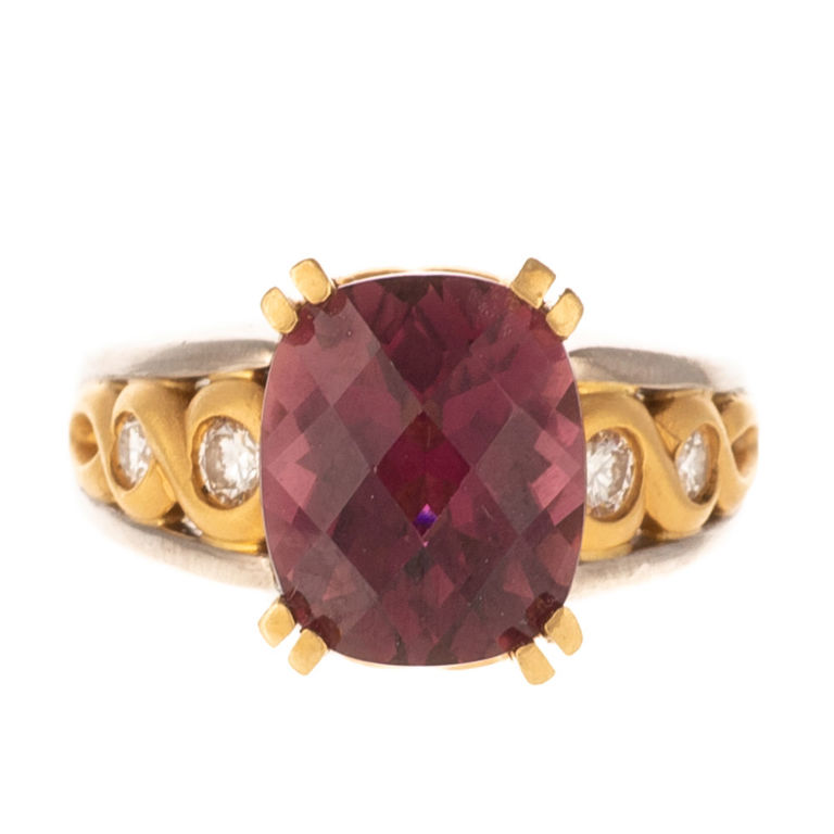 22k yellow gold and 18k white gold rhodolite garnet and diamond ring