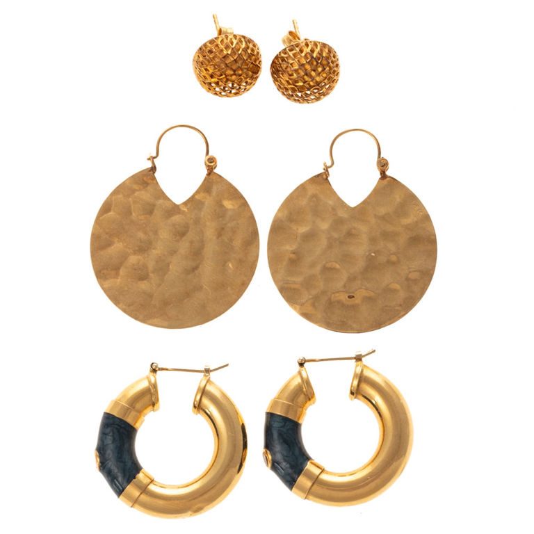 Three pairs of 18k and 14k gold earrings