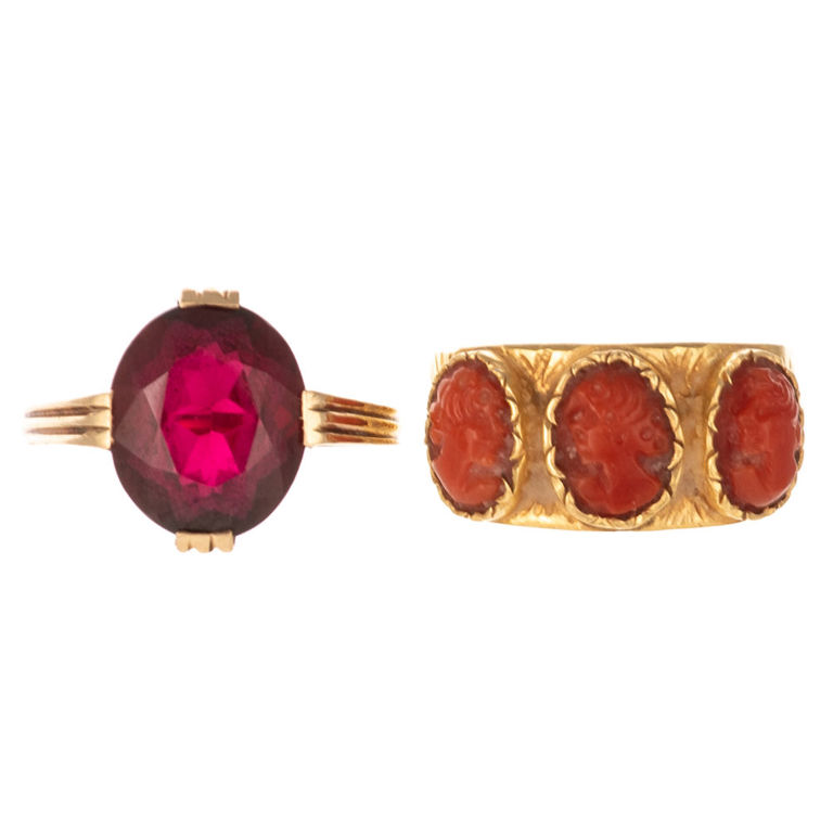 Two 18k and 10k gold gemstone rings