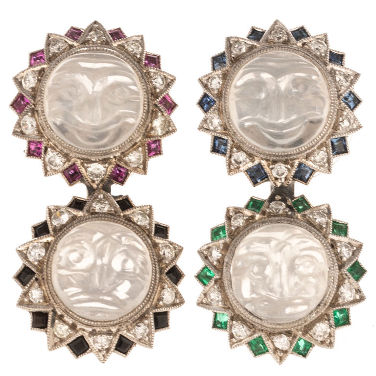 14k white gold carved quartz and gemstone earrings