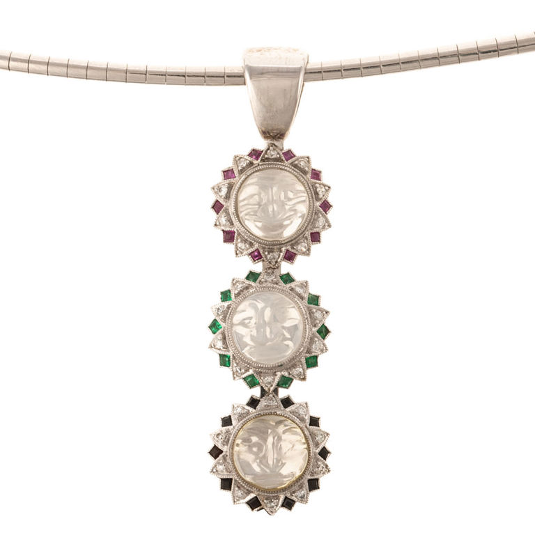 14k gold carved quartz and gemstone pendant necklace