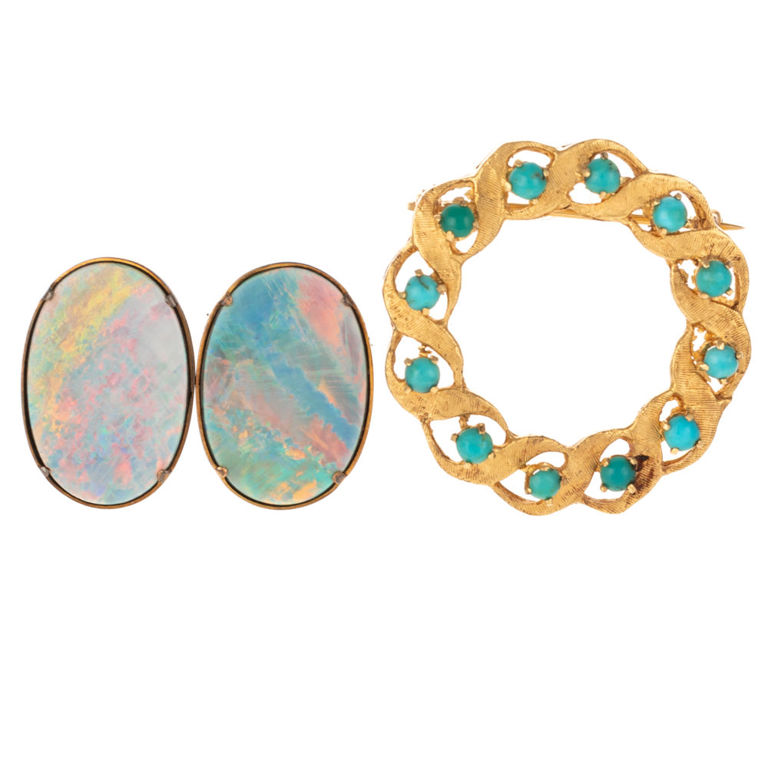 14k gold opal earrings and 14k gold turquoise brooch