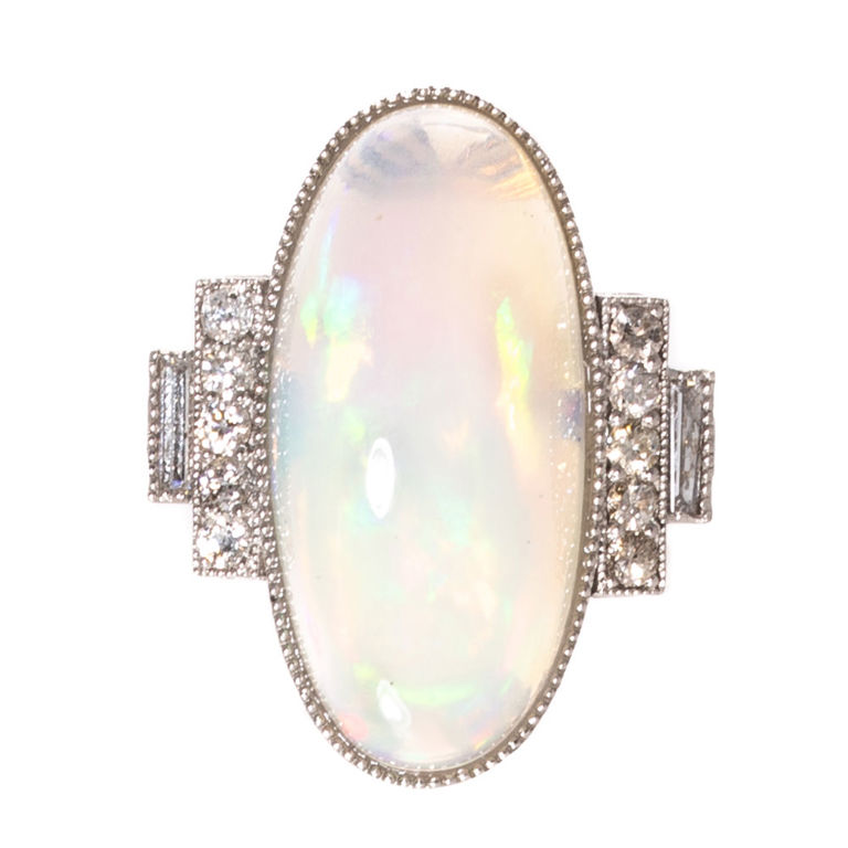 Platinum opal, diamond and ruby ring