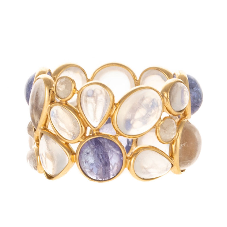 18k yellow gold tanzanite, moonstone and diamond ring