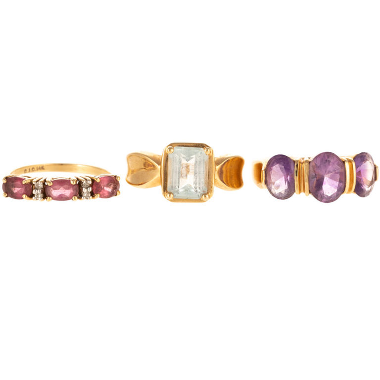 Three 14k yellow gold gemstone rings