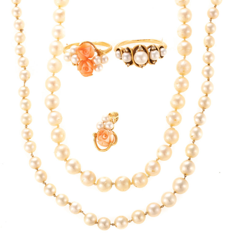 14k yellow gold jewelry collection featuring pearls, coral and diamonds