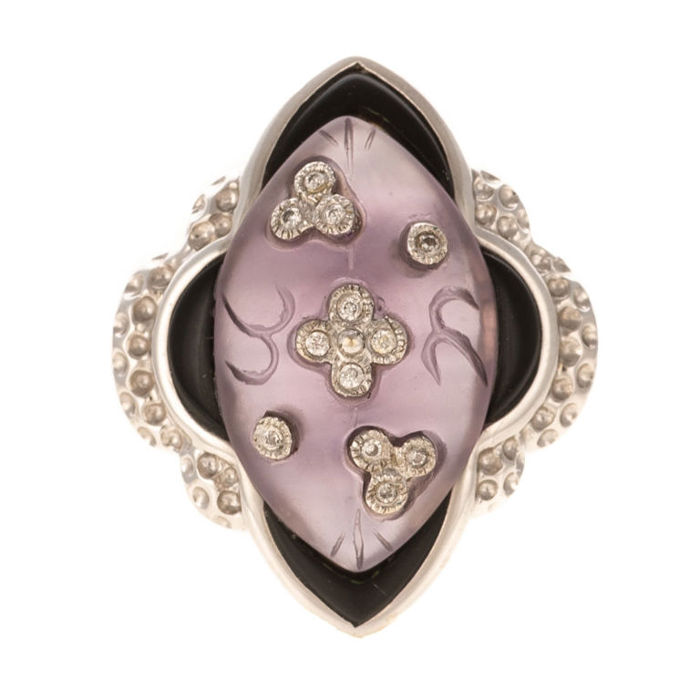 18k white gold diamond, amethyst and onyx ring