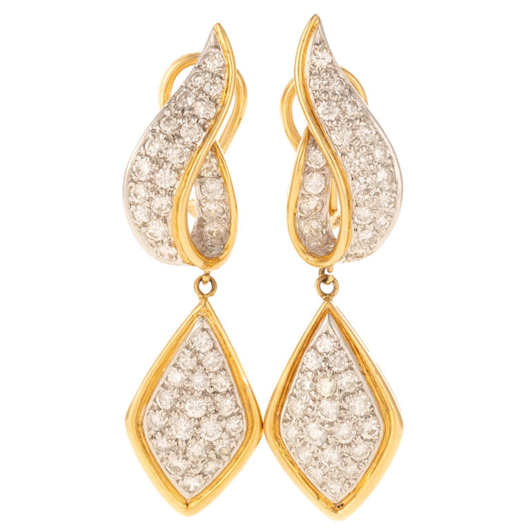 18k yellow and white gold diamond dangle earrings