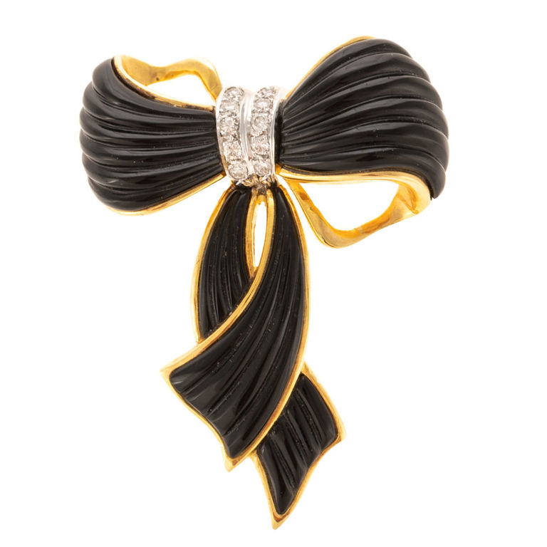 14k yellow gold onyx and diamond bow pin brooch