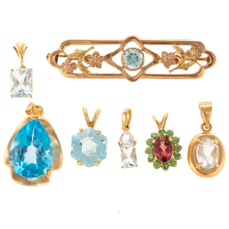Six 14k gold gemstone pendants and brooch