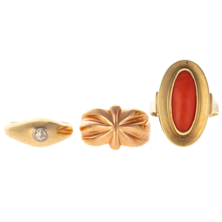 Three 14k gold rings including coral and diamond