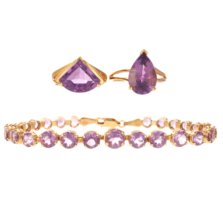 14k gold amethyst bracelet and two 10k gold amethyst rings
